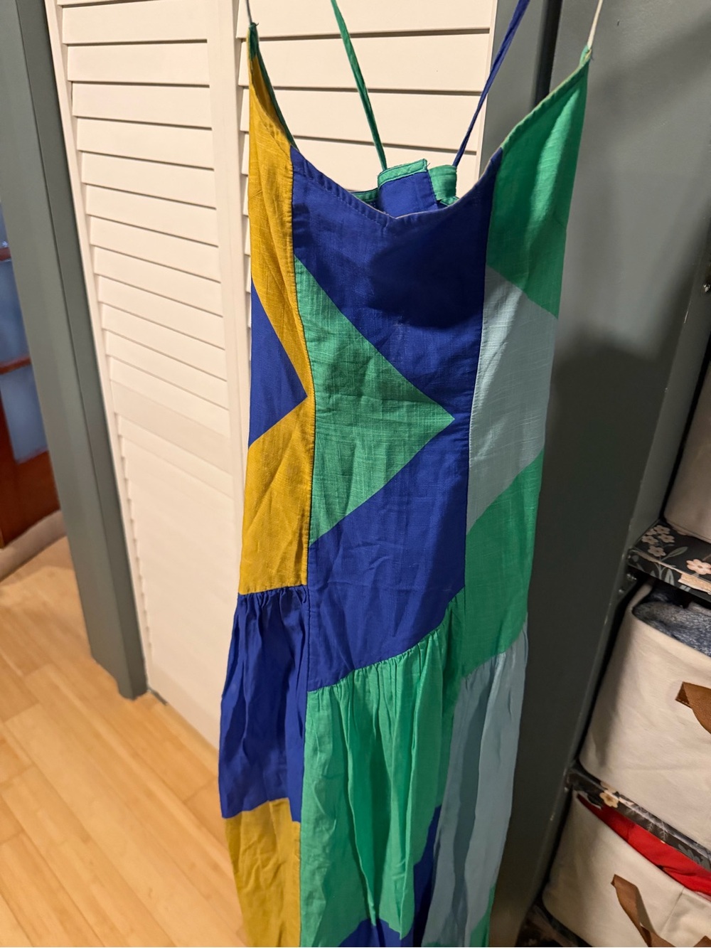 Colorblock Backless Spaghetti-Strap Dress in Blue, Green & Yellow